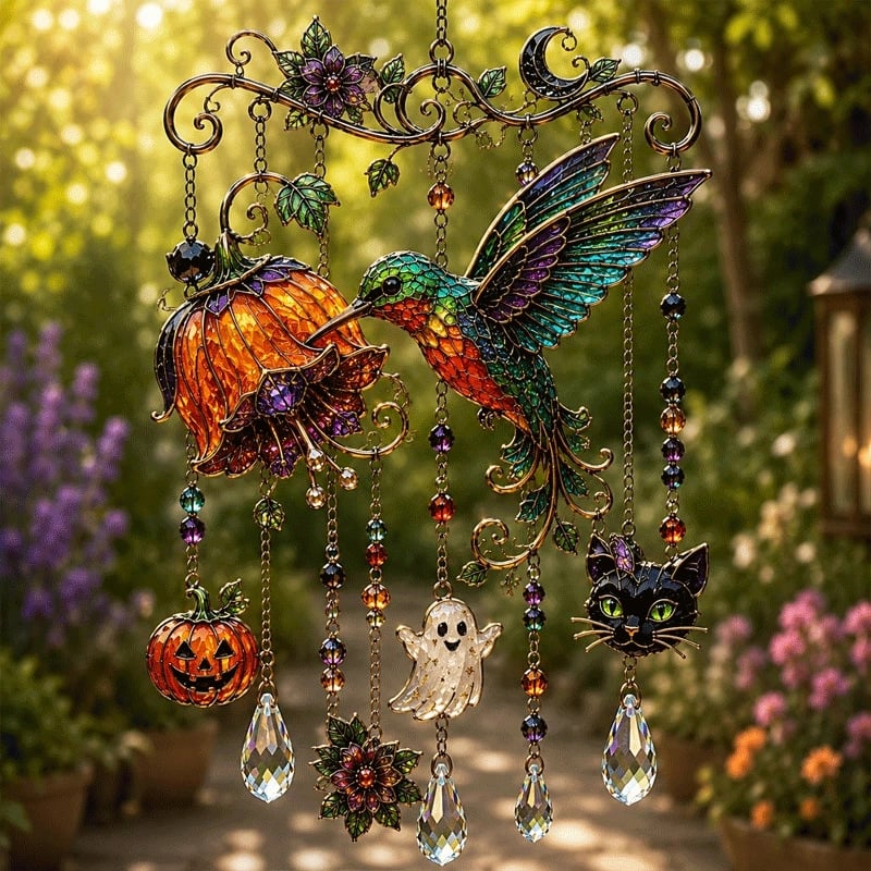 Stained Glass Halloween Suncatcher Wind Chime | Gothic Window Hanging Decorative Ornament