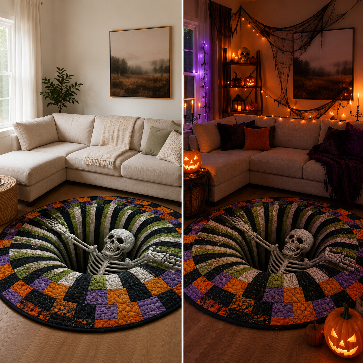 3D Skeleton Vortex Pattern Quilted Round Rug | Gothic Halloween Indoor Floor Mat Home Decor