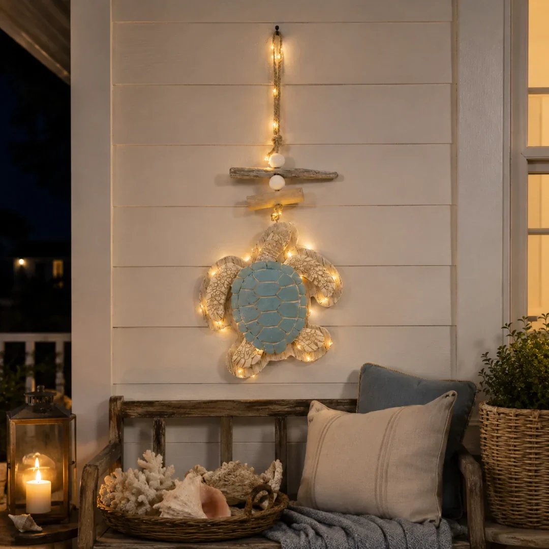 Lit Coastal Sea Turtle Hanging Wall Art | LED Lighted Turtle Wall Ornament