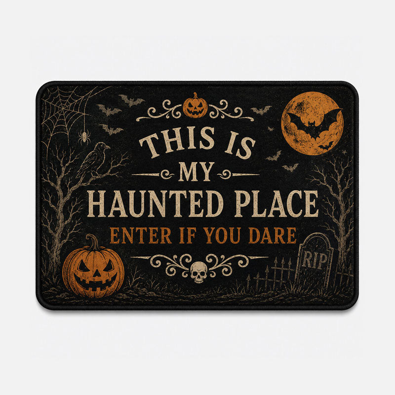 Vintage Halloween Haunted Place Doormat – Spooky Front Door Welcome Mat