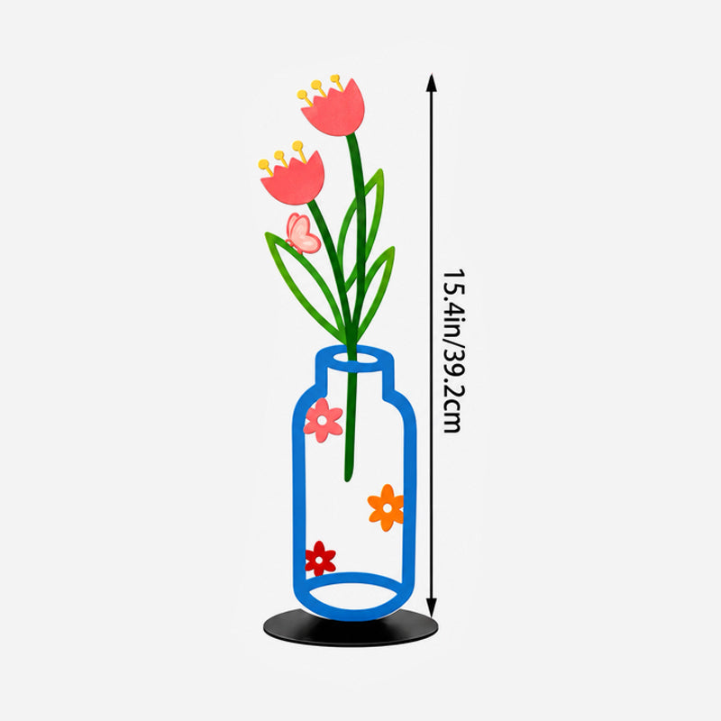 Decorative Floral Vase Ornament | Wooden Flower Vase Tabletop Decor, Daisy Tulip Ornament for Shelf & Desk