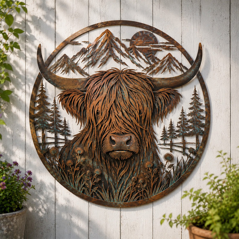 Rustic Highland Cow Mountain Scene Metal Wall Art | Indoor & Garden Wall Plaque