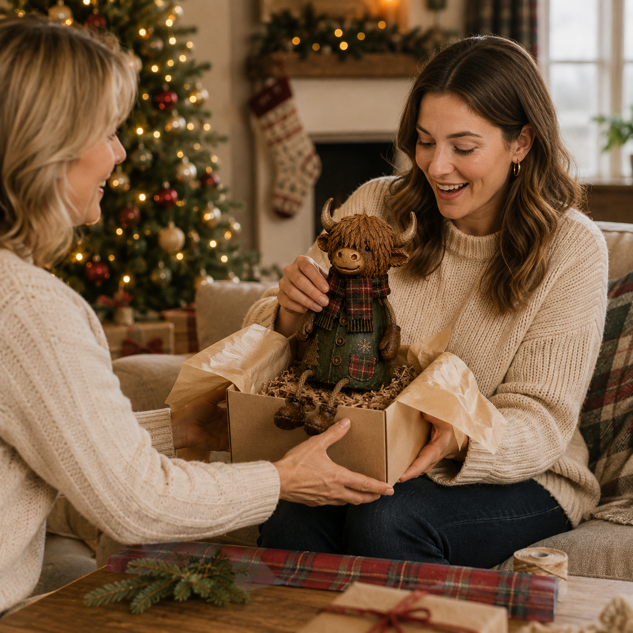 Festive Highland Cow Shelf Sitter – Rustic Christmas Home Decor