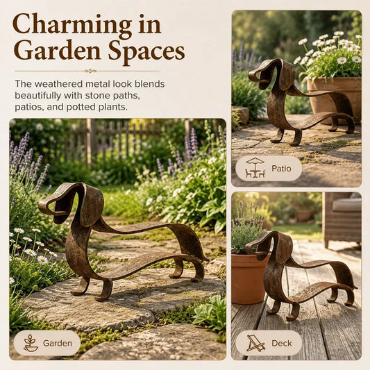 Rustic Dachshund Metal Garden Sculpture | Weathered Sausage Dog Outdoor Ornament for Patio & Lawn