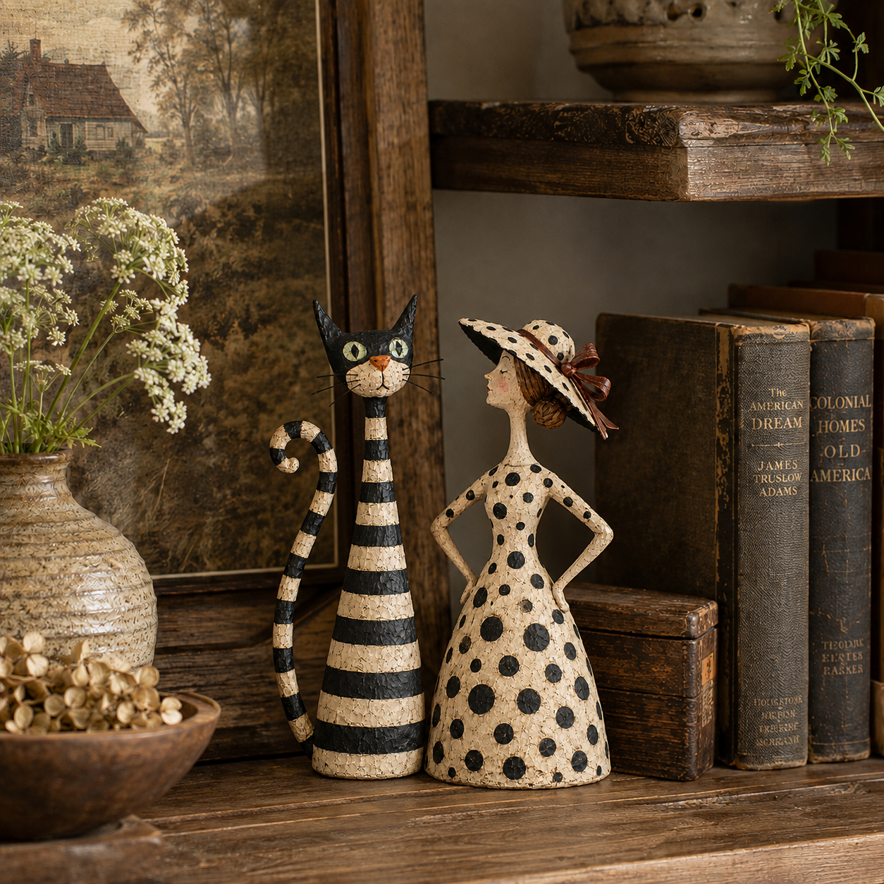 Vintage Cat & Lady Sculpture Set 🐱 Cosy Home Decor Ornament