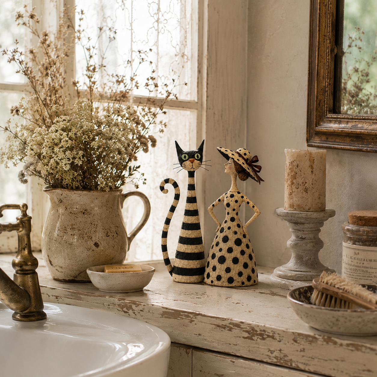 Vintage Cat & Lady Sculpture Set 🐱 Cosy Home Decor Ornament