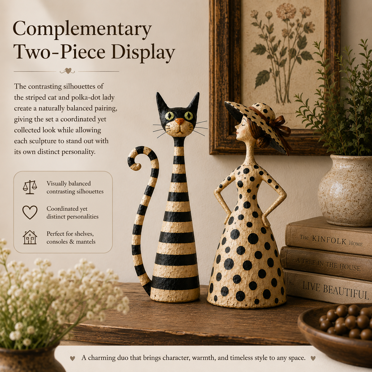 Vintage Cat & Lady Sculpture Set 🐱 Cosy Home Decor Ornament