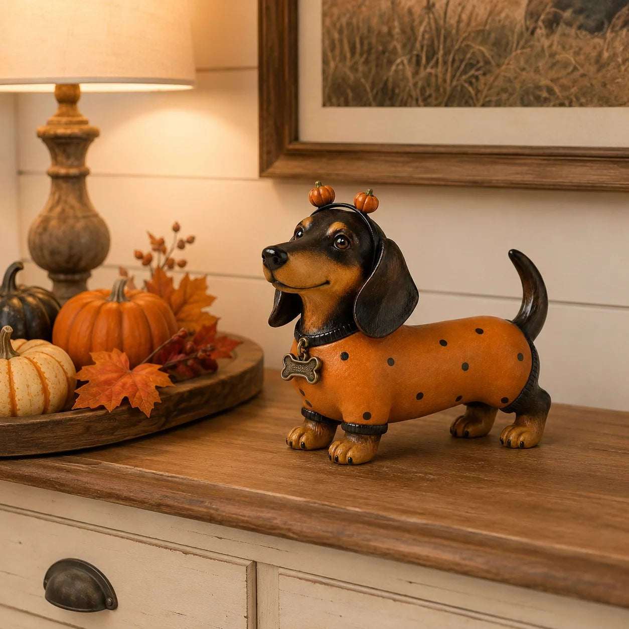Cute Halloween Dachshund Pumpkin Resin Figurine