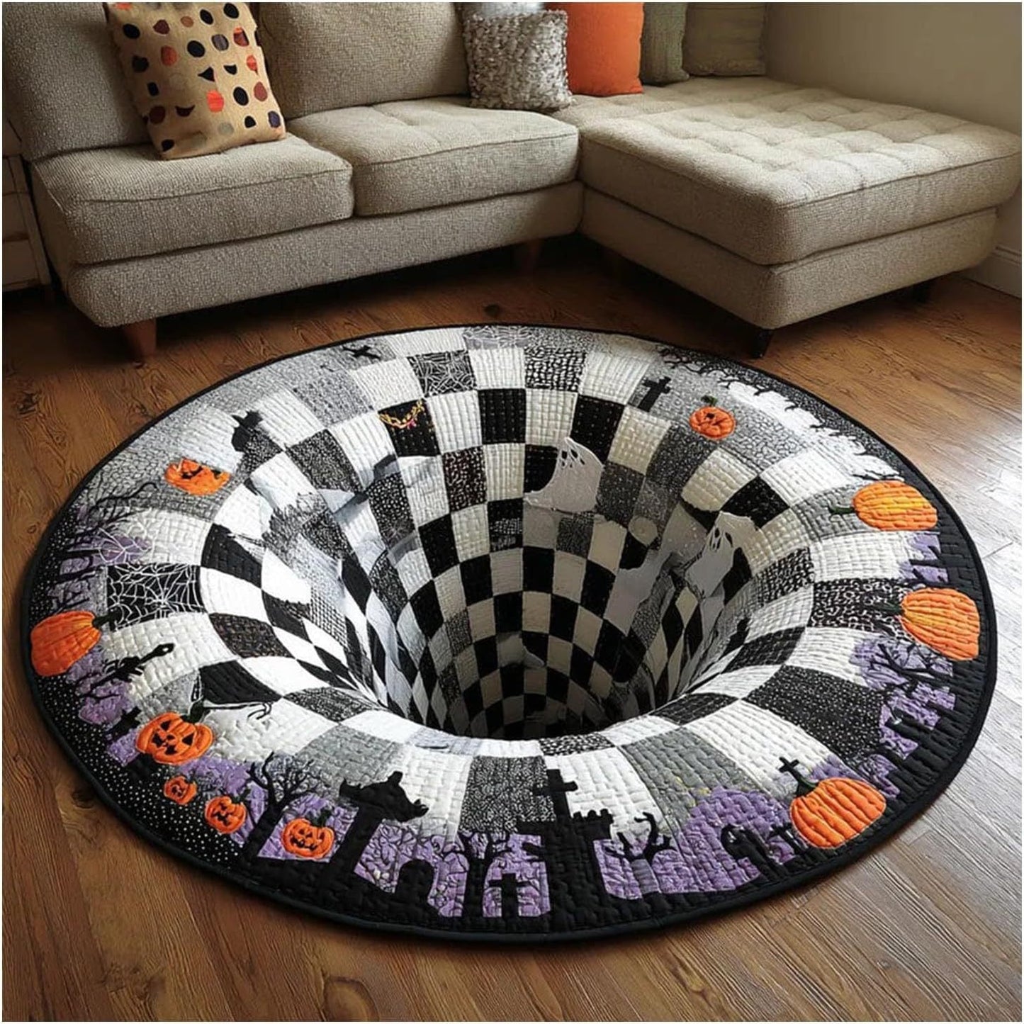 3D Skeleton Vortex Pattern Quilted Round Rug | Gothic Halloween Indoor Floor Mat Home Decor