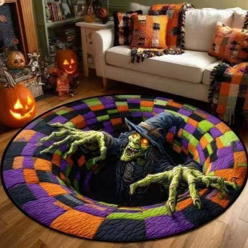 3D Skeleton Vortex Pattern Quilted Round Rug | Gothic Halloween Indoor Floor Mat Home Decor