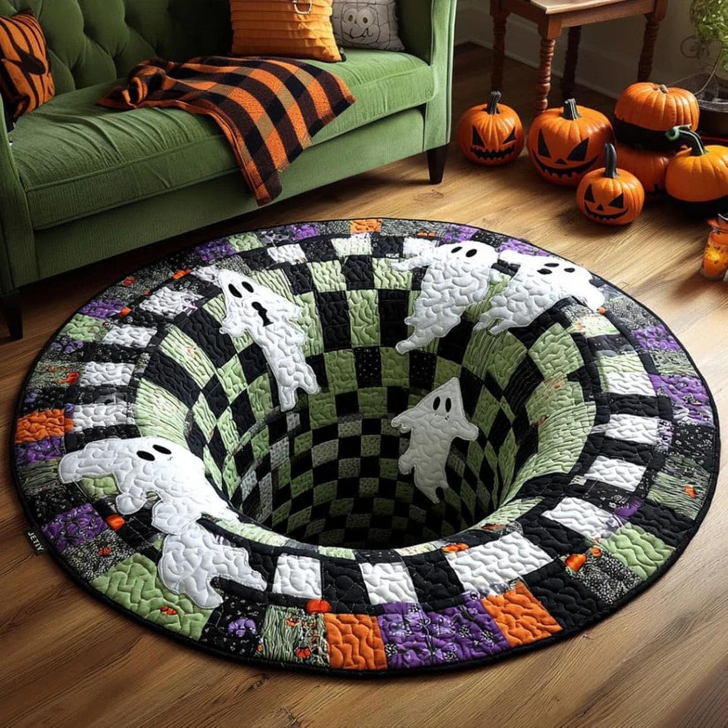 3D Skeleton Vortex Pattern Quilted Round Rug | Gothic Halloween Indoor Floor Mat Home Decor
