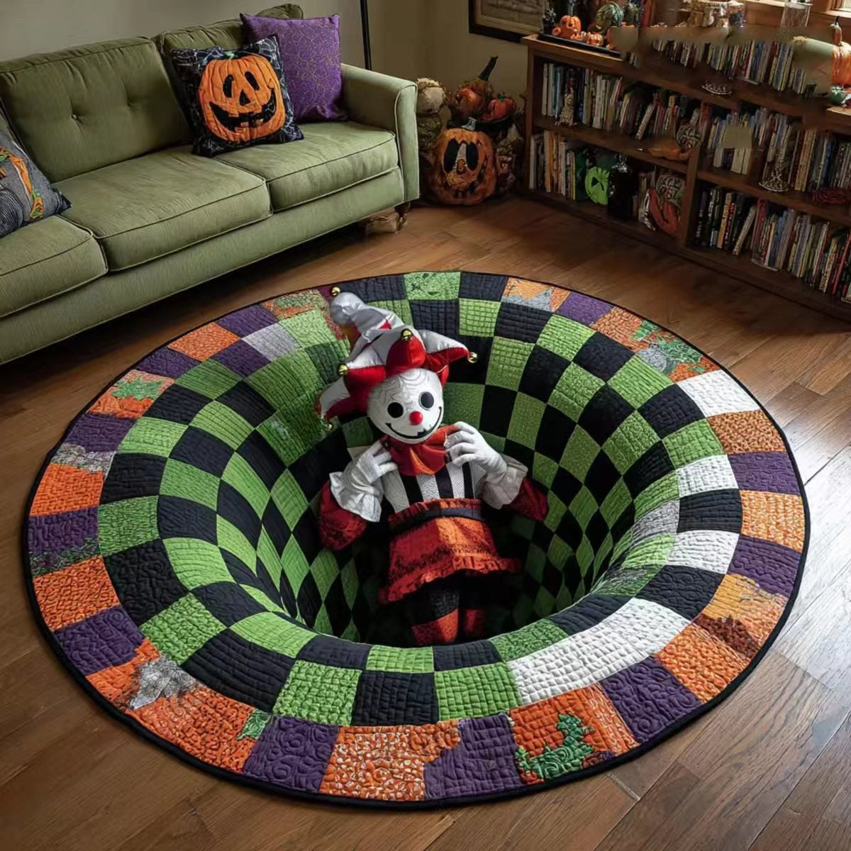 3D Skeleton Vortex Pattern Quilted Round Rug | Gothic Halloween Indoor Floor Mat Home Decor