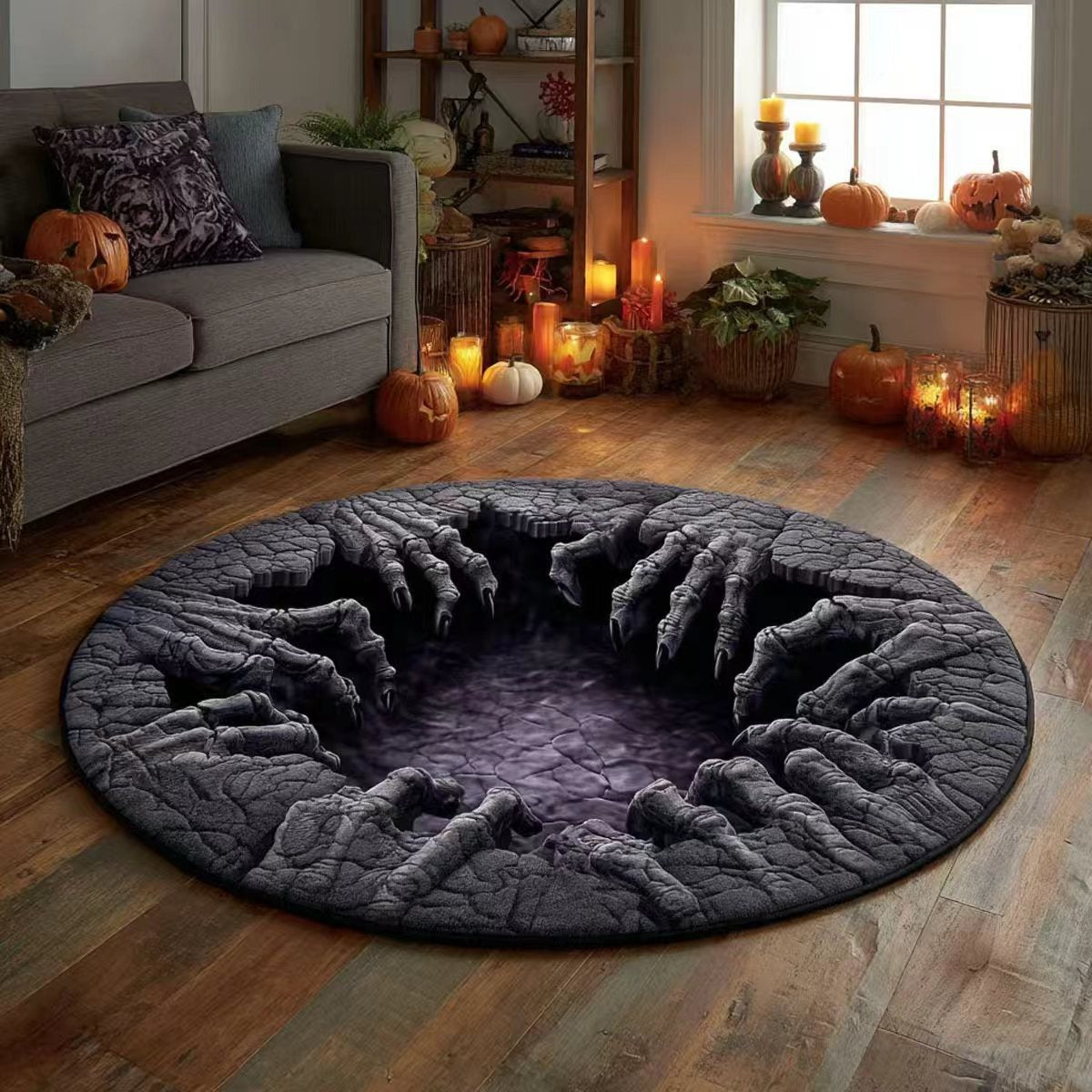 3D Skeleton Vortex Pattern Quilted Round Rug | Gothic Halloween Indoor Floor Mat Home Decor