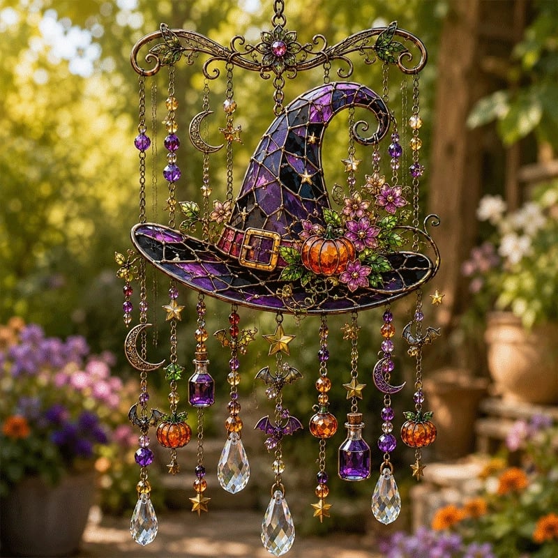 Stained Glass Halloween Suncatcher Wind Chime | Gothic Window Hanging Decorative Ornament