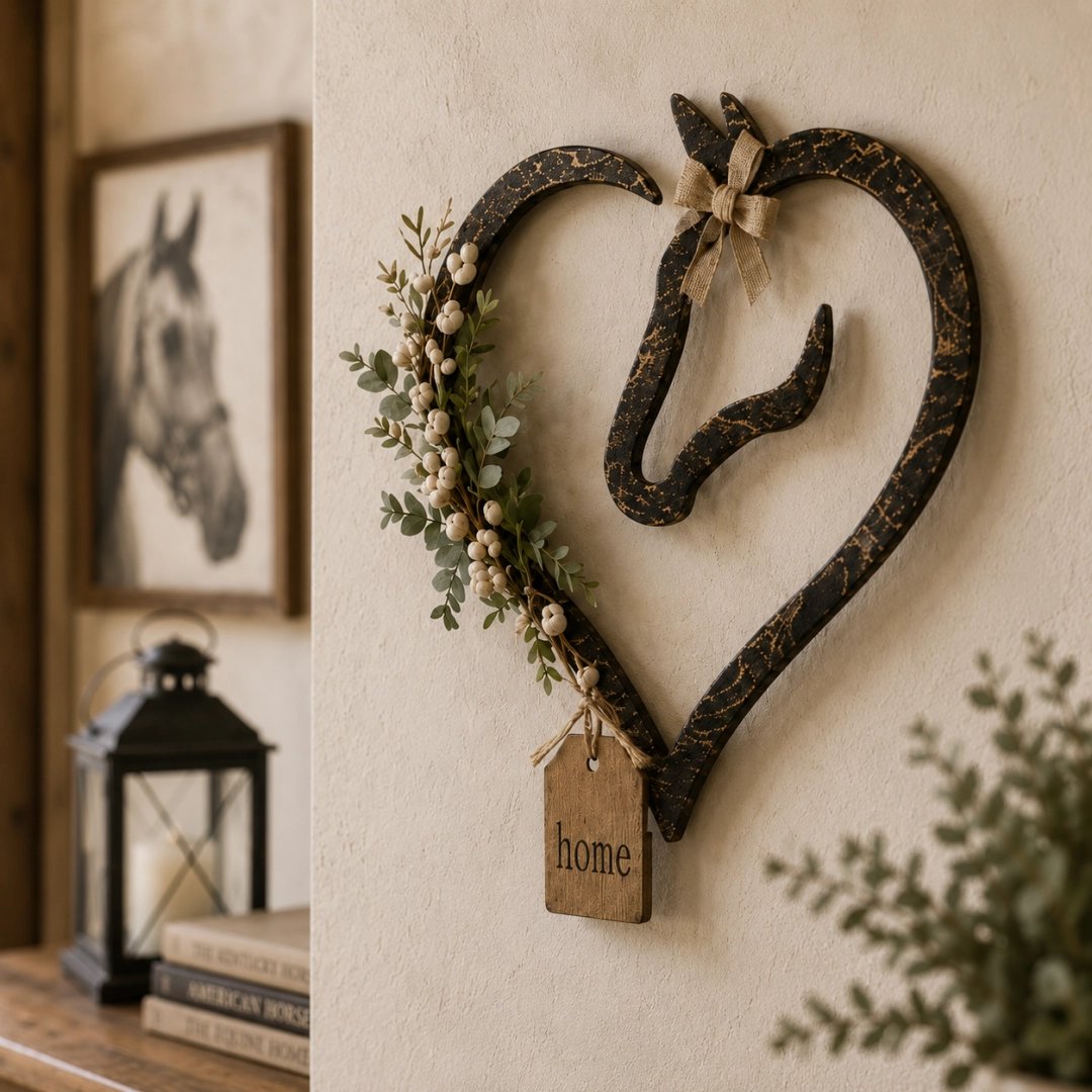 Rustic Horse Heart Wall Decor with Foliage – Farmhouse Equestrian Home Accessory