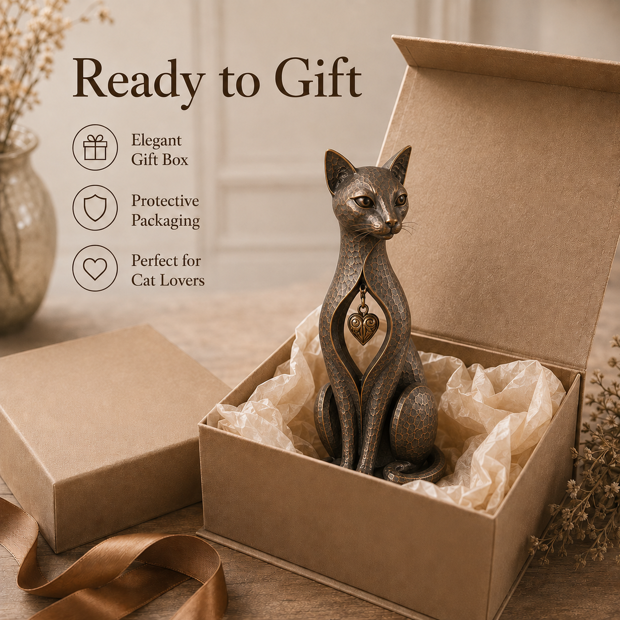 Heritage Heart Sphynx Sculpture – Vintage Iron Cat Accent
