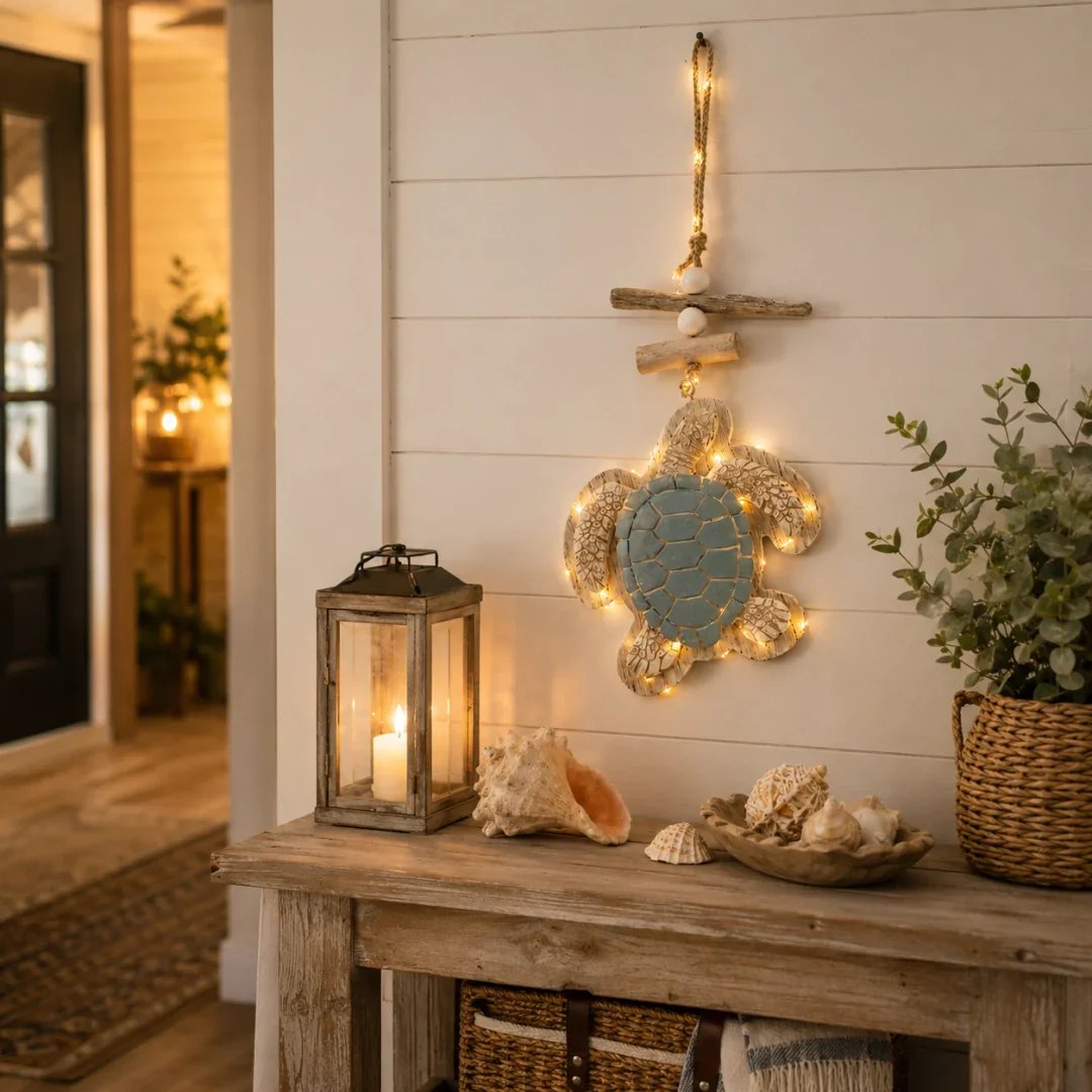 Lit Coastal Sea Turtle Hanging Wall Art | LED Lighted Turtle Wall Ornament