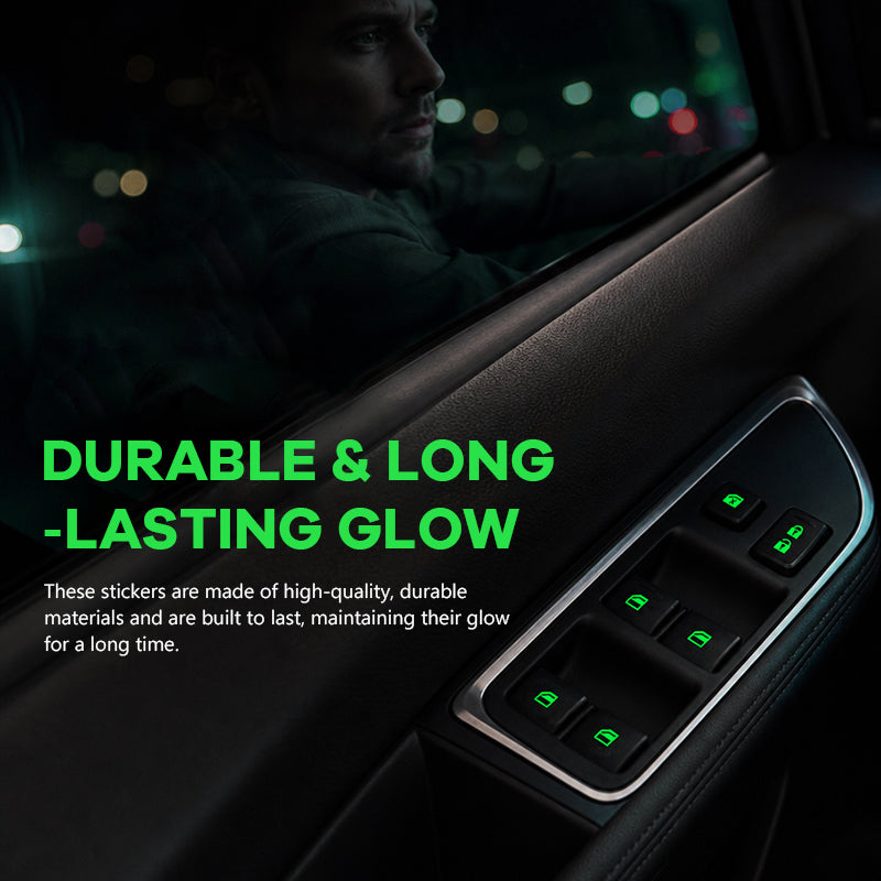 Luminous Car Window Switch Stickers | Colourful Night Glow Button Warning Decals For UK Vehicles