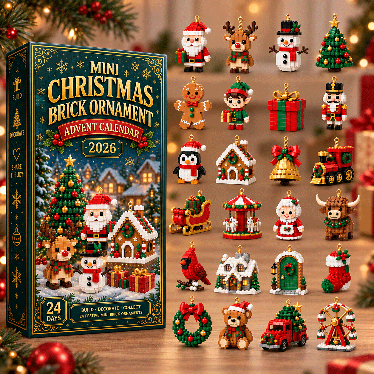 🎄Christmas Building Block Advent Calendar – 24 Mini Festive Ornaments