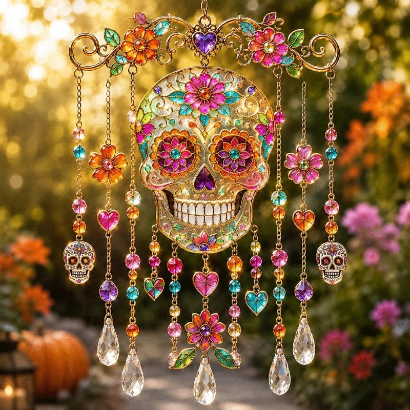 Stained Glass Halloween Suncatcher Wind Chime | Gothic Window Hanging Decorative Ornament