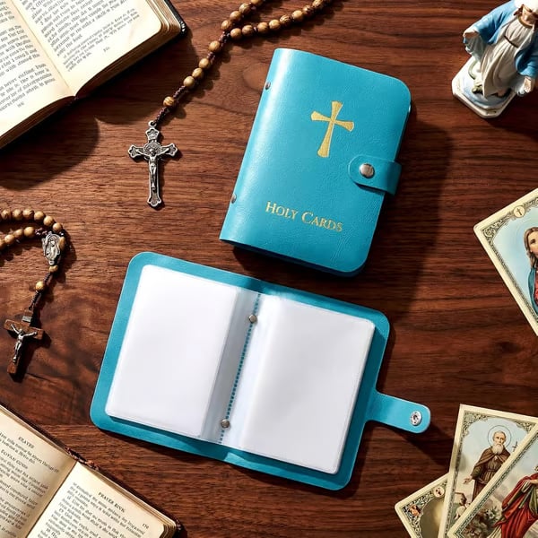 ✝️ Katholischer Heiligenkartenhalter aus echtem Leder – Taschen-Gebetskartenorganizer mit Druckknopfverschluss