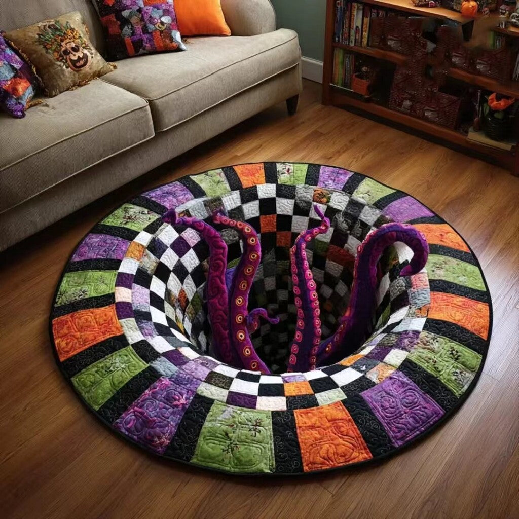 3D Skeleton Vortex Pattern Quilted Round Rug | Gothic Halloween Indoor Floor Mat Home Decor