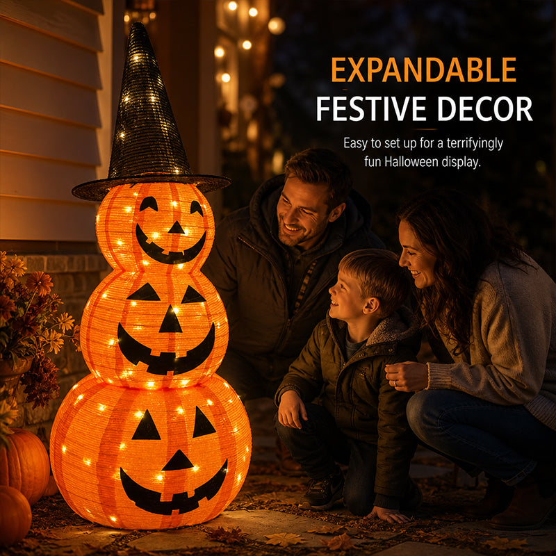 Illuminated Stacked Pumpkin Tower Plug-In Halloween Decor For Front Porch & Cottage Home