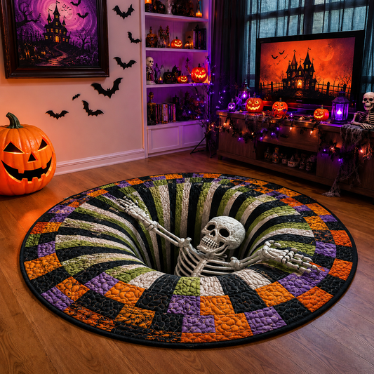 3D Skeleton Vortex Pattern Quilted Round Rug | Gothic Halloween Indoor Floor Mat Home Decor