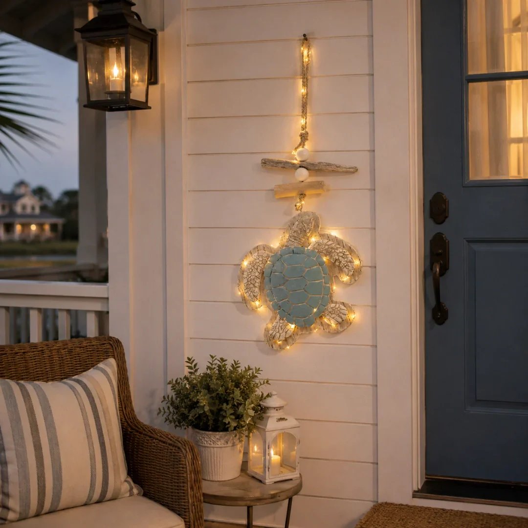 Lit Coastal Sea Turtle Hanging Wall Art | LED Lighted Turtle Wall Ornament