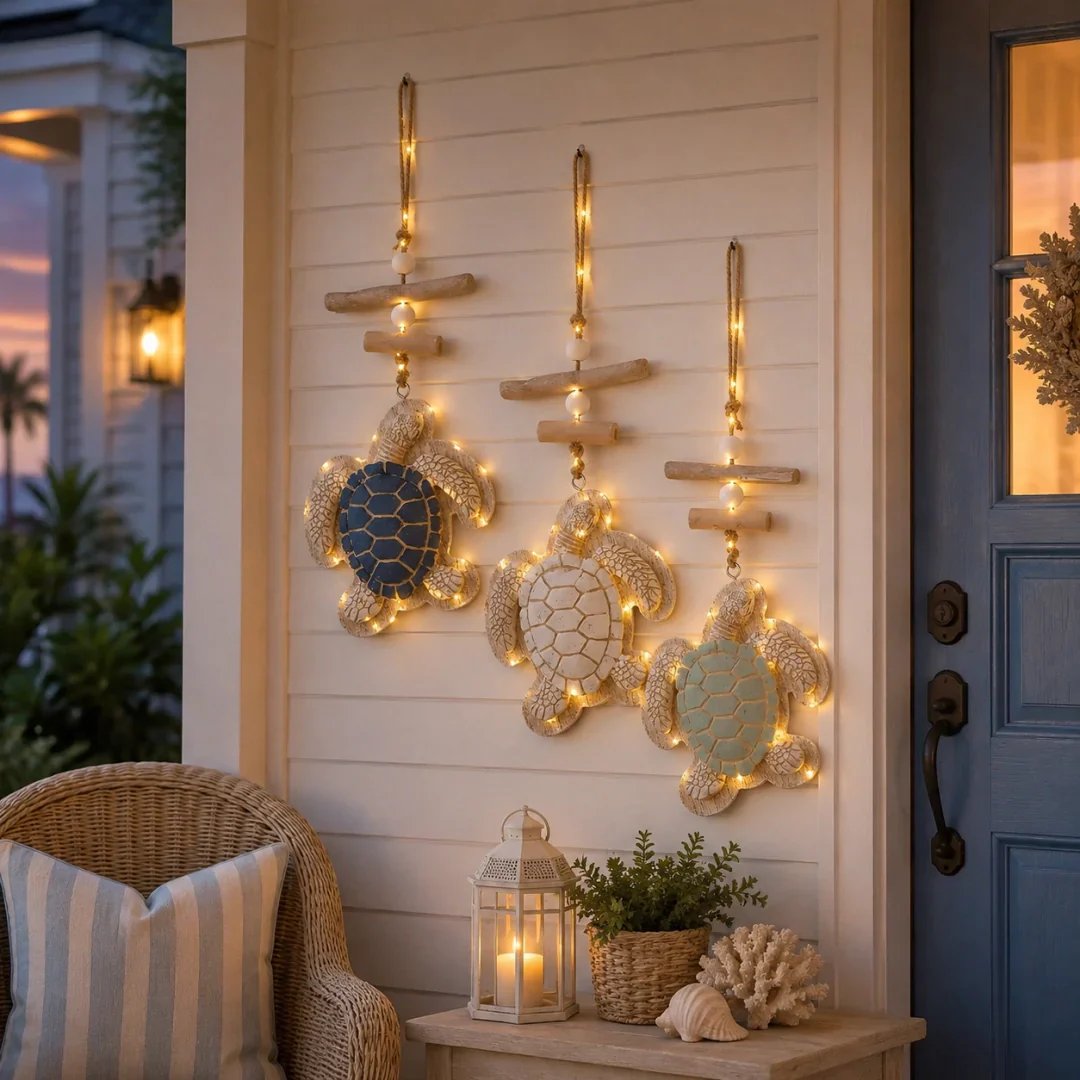 Lit Coastal Sea Turtle Hanging Wall Art | LED Lighted Turtle Wall Ornament