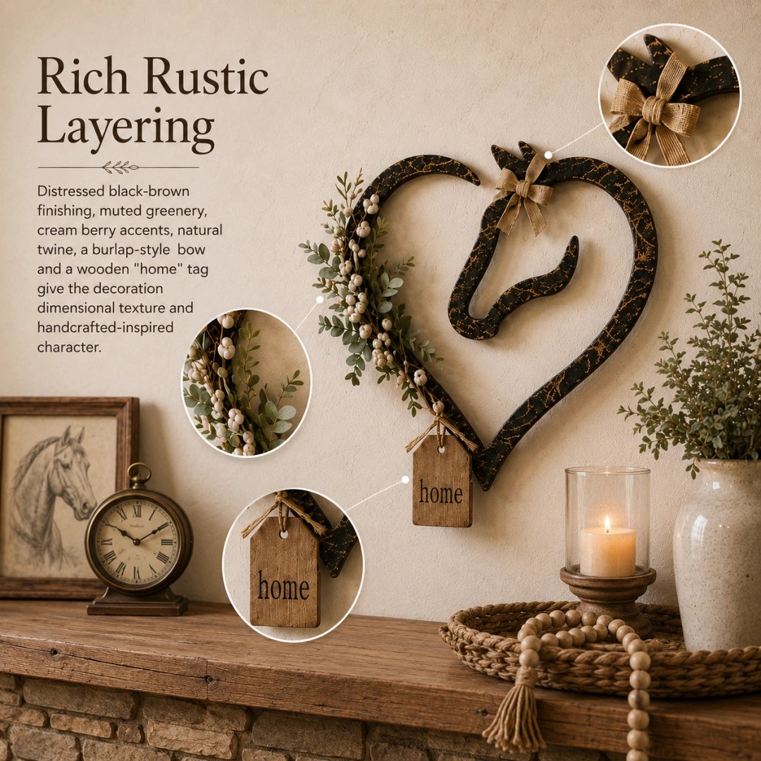 Rustic Horse Heart Wall Decor with Foliage – Farmhouse Equestrian Home Accessory