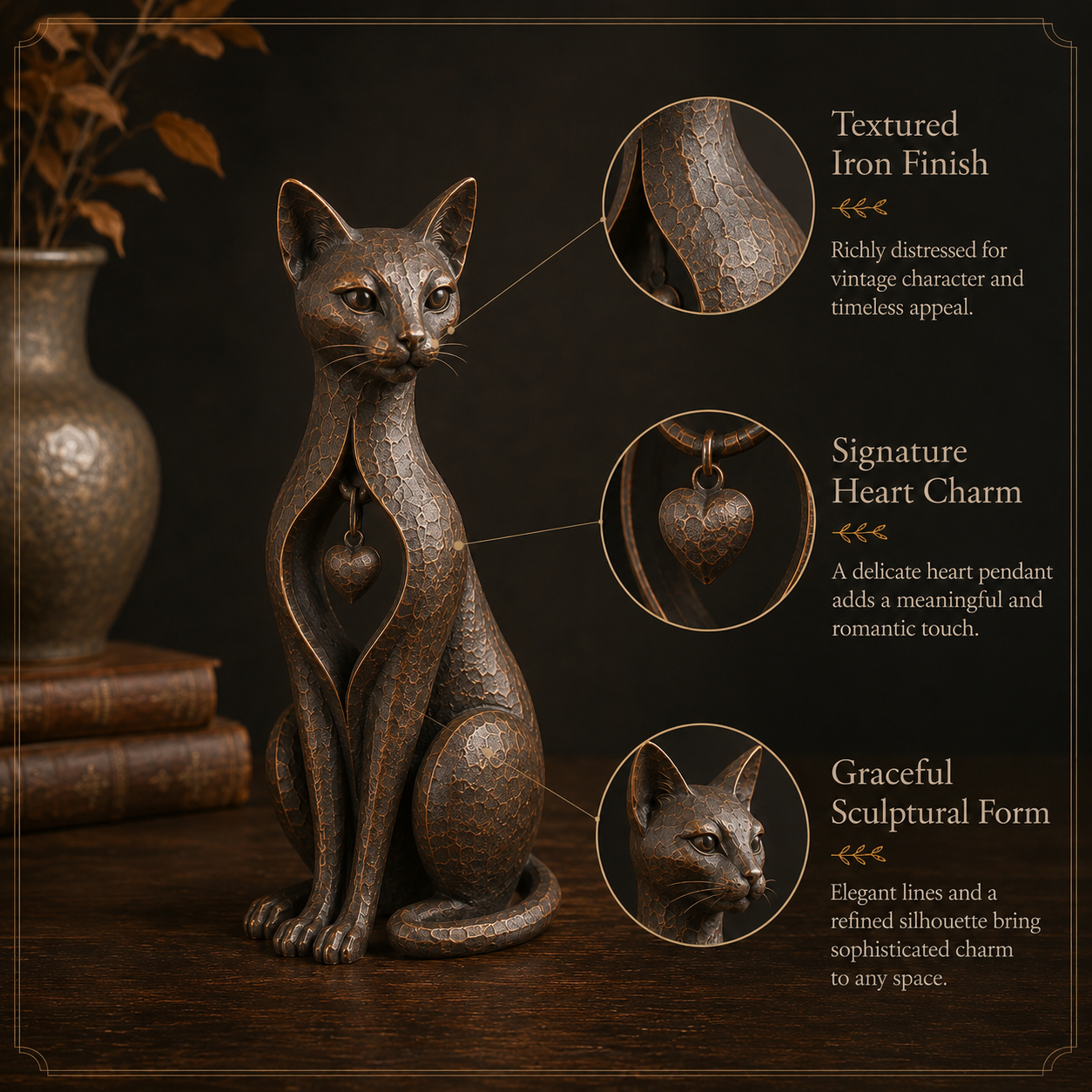 Heritage Heart Sphynx Sculpture – Vintage Iron Cat Accent