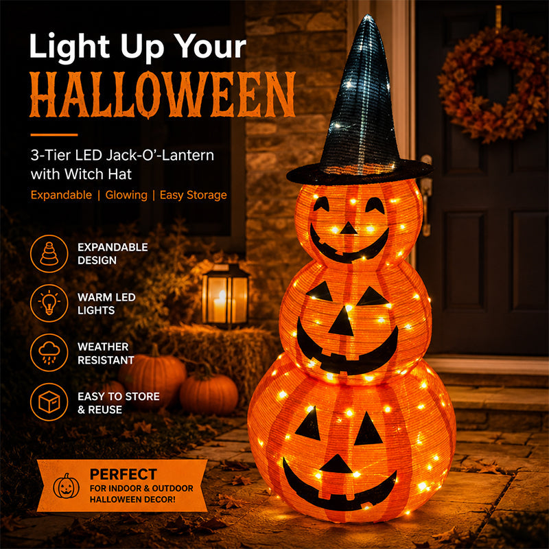 Illuminated Stacked Pumpkin Tower Plug-In Halloween Decor For Front Porch & Cottage Home