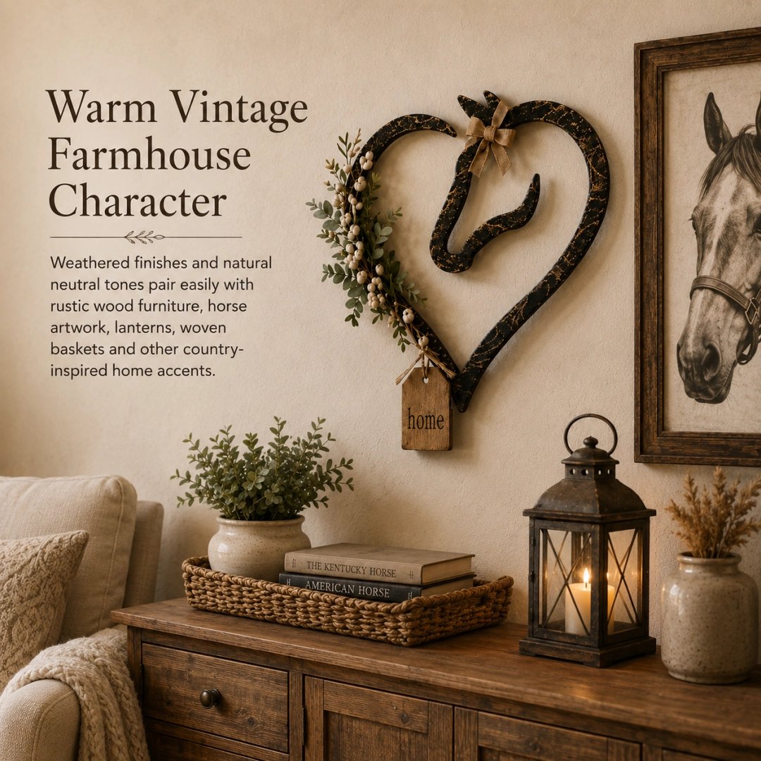 Rustic Horse Heart Wall Decor with Foliage – Farmhouse Equestrian Home Accessory