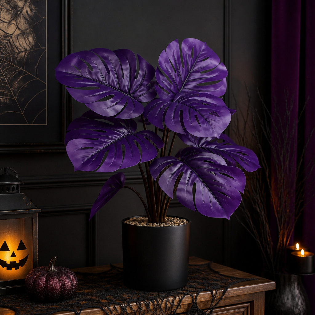 Purple Artificial Monstera Deliciosa Fake Plant, Stylish Indoor Cottage Home Decor