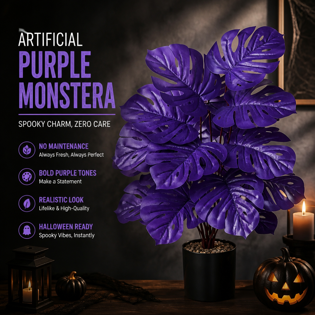 Purple Artificial Monstera Deliciosa Fake Plant, Stylish Indoor Cottage Home Decor