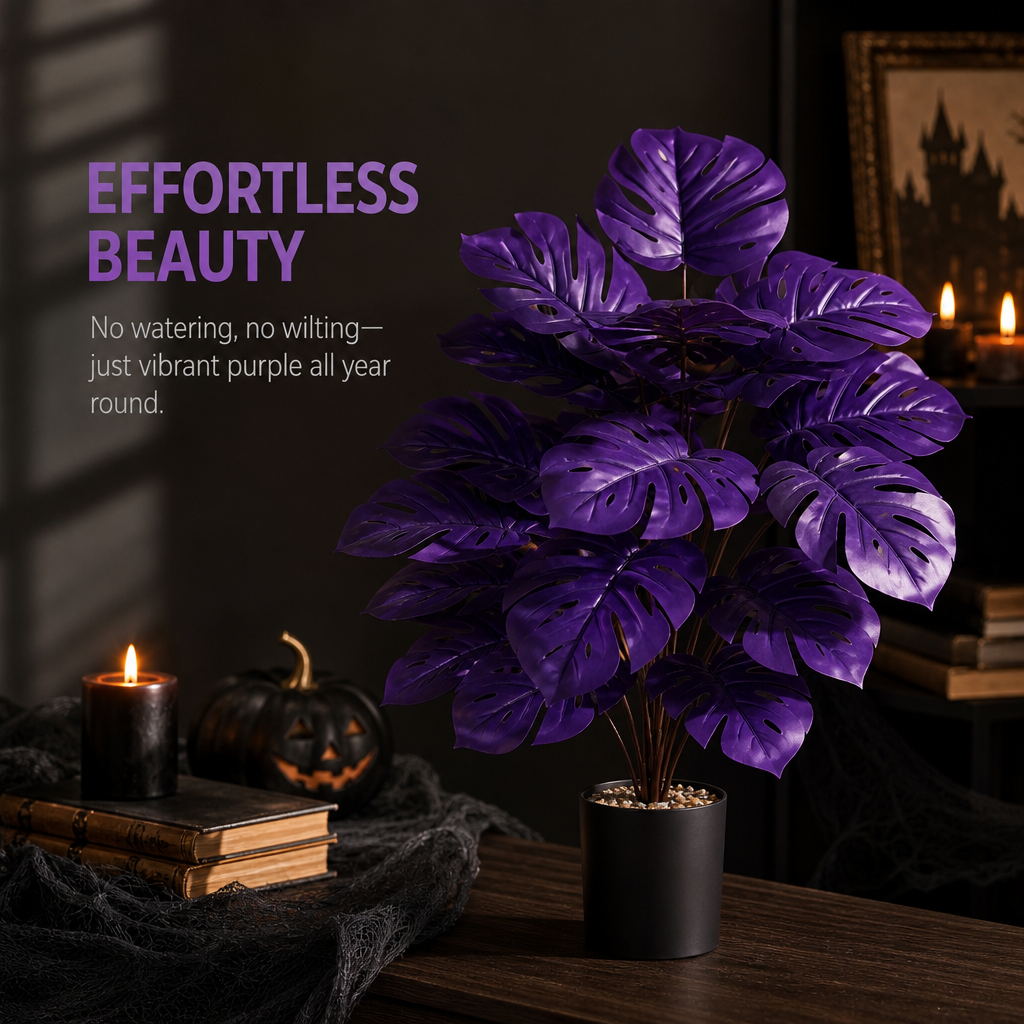 Purple Artificial Monstera Deliciosa Fake Plant, Stylish Indoor Cottage Home Decor