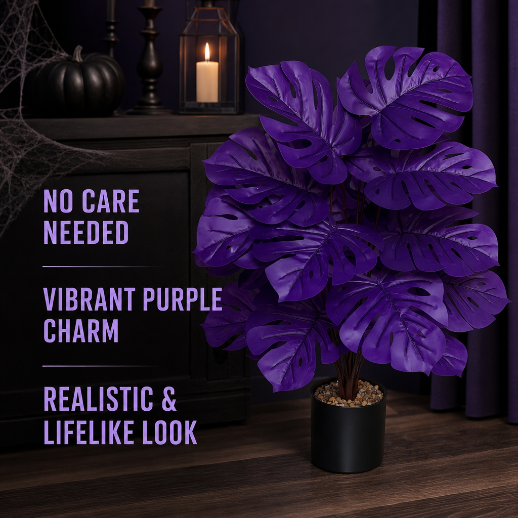 Purple Artificial Monstera Deliciosa Fake Plant, Stylish Indoor Cottage Home Decor