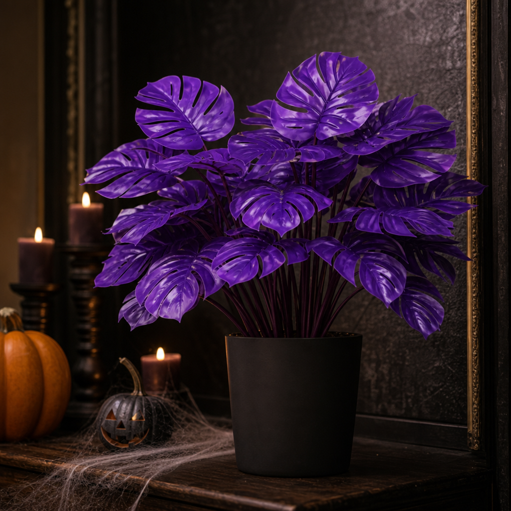 Purple Artificial Monstera Deliciosa Fake Plant, Stylish Indoor Cottage Home Decor
