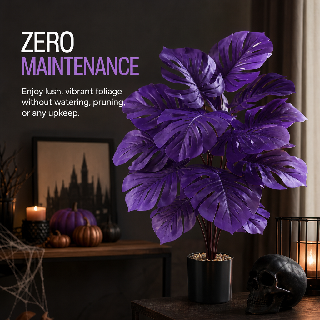 Purple Artificial Monstera Deliciosa Fake Plant, Stylish Indoor Cottage Home Decor
