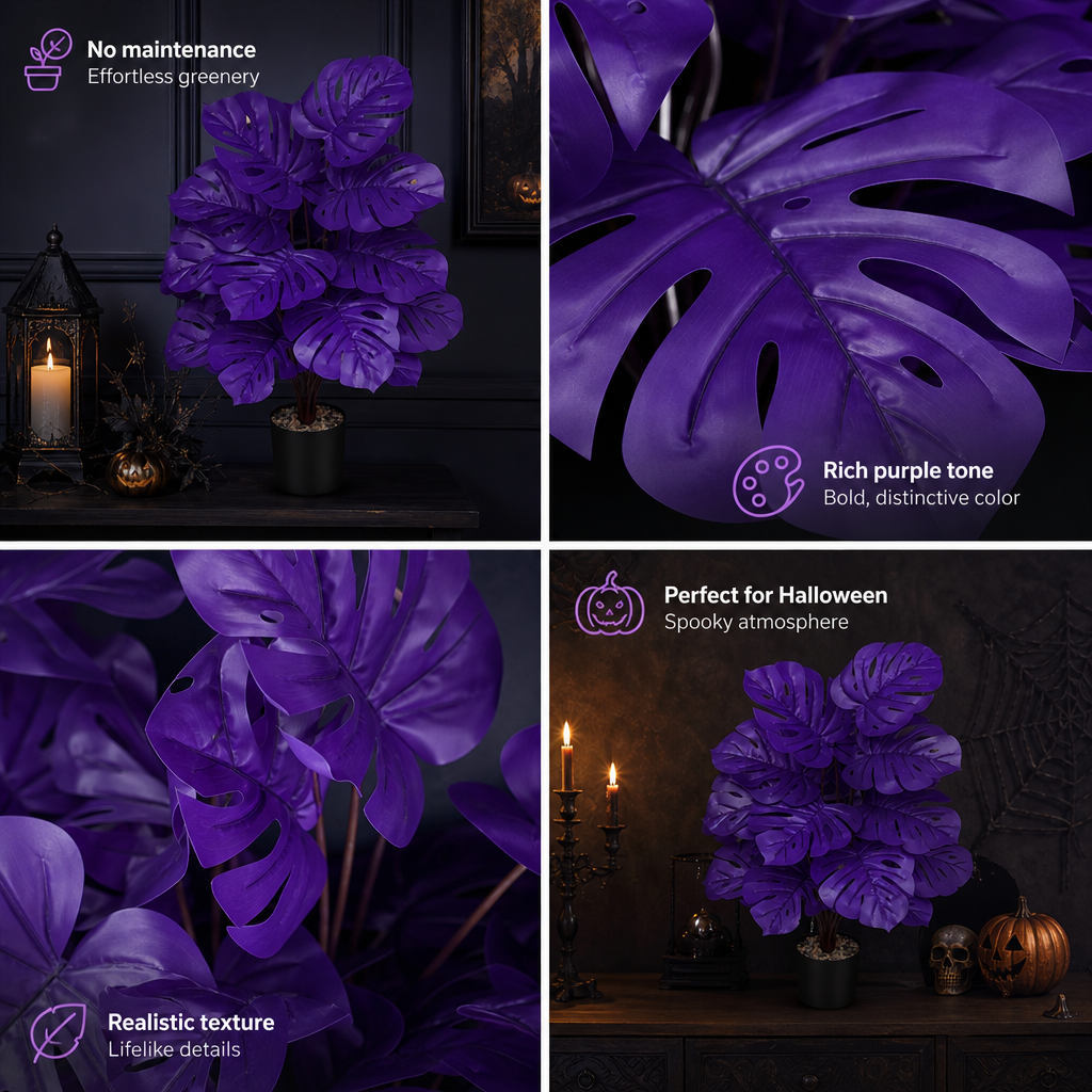 Purple Artificial Monstera Deliciosa Fake Plant, Stylish Indoor Cottage Home Decor